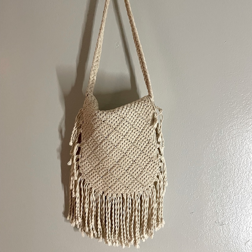 Polo by Ralph Lauren Cream Macramé Crossbody Bag with Fringe